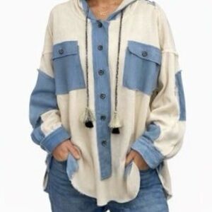 New POL My Way To You Cream Waffle Button Up Denim Hooded Shacket Top S